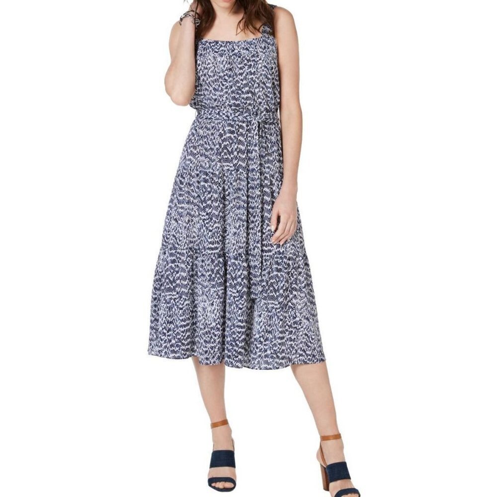 NWT MICHAEL KORS Belted Midi Dress Tiered Sleeveless Blue White Navy Size XXS